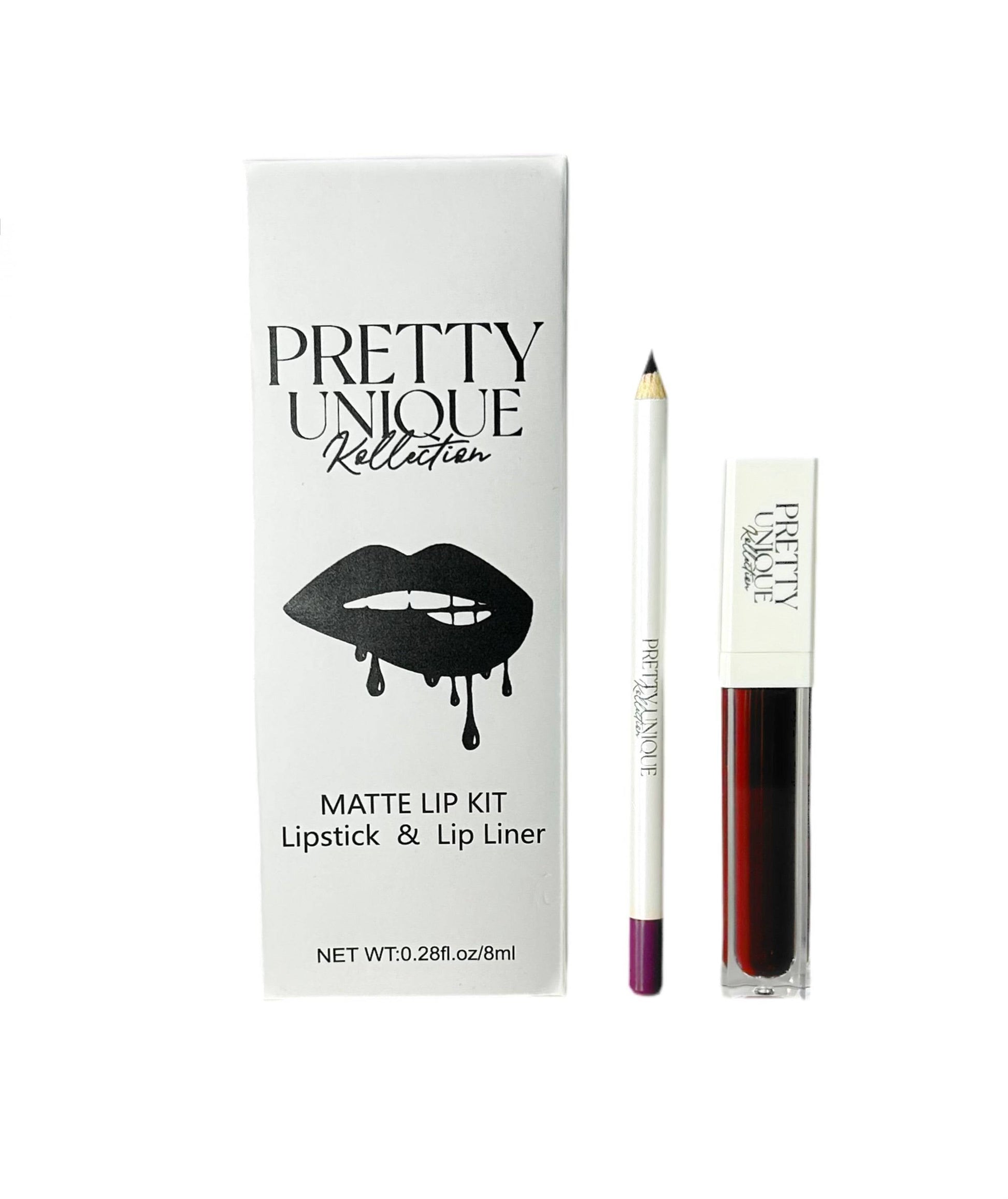 Pretty Unique Matte Lip Combos with lipstick and lip liner in dark red shade.